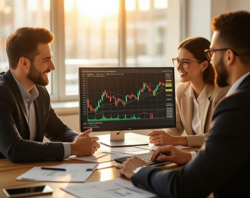 Stock market explained with people analyzing live stock price charts